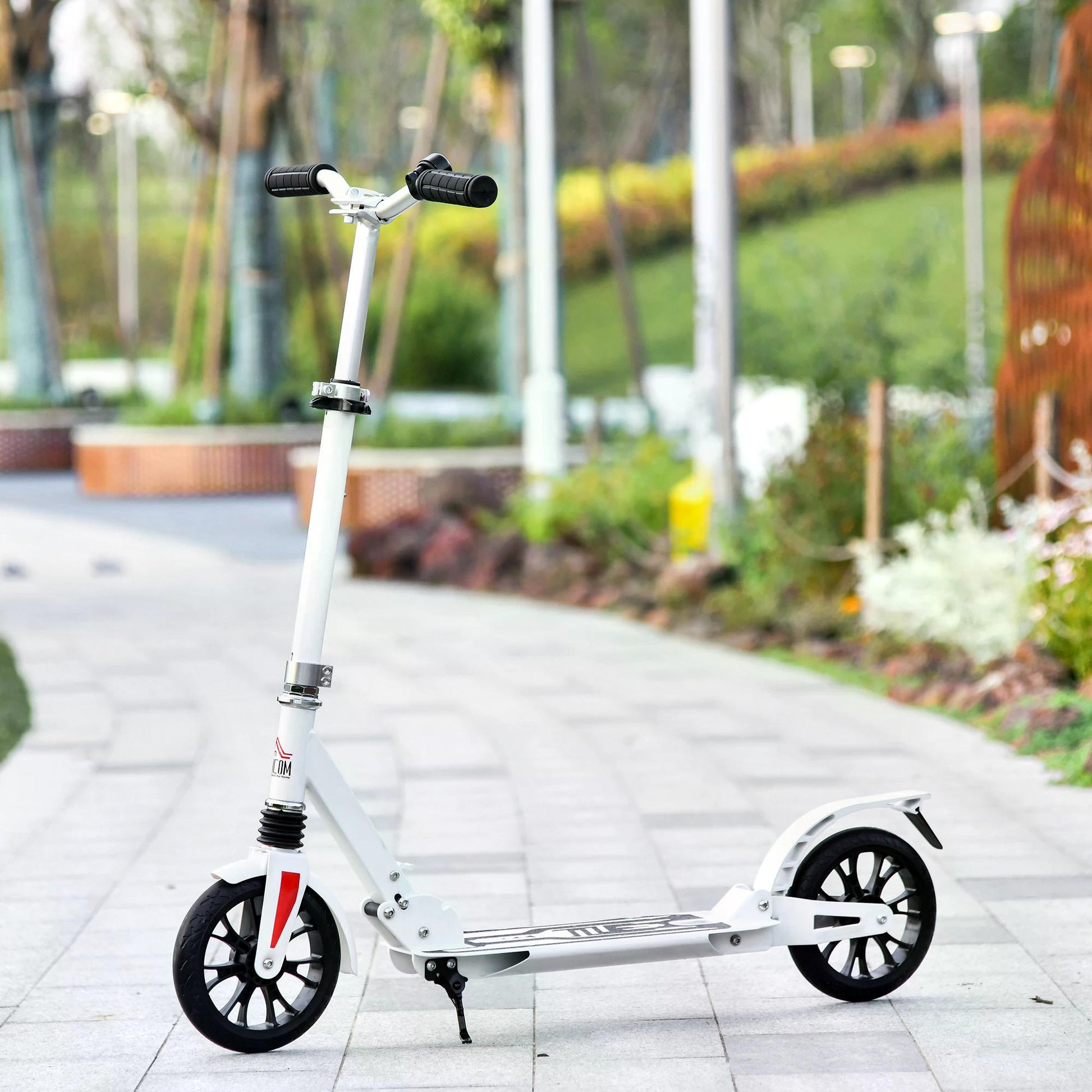 HOMCOM Adult Kick Scooter, Foldable, Height Adjustable 200mm Large Wheels Scooters w/ with Foot Brak and Manual Bell, White 