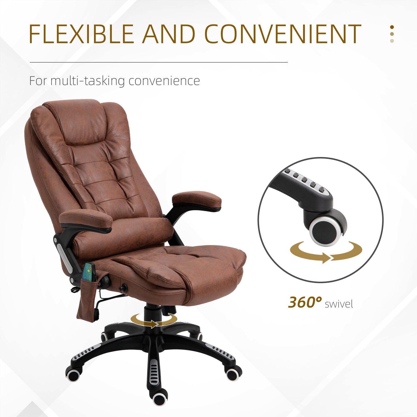 Executive Office Chair, Massage, Microfiber, 130° Reclining, 360° Swivel, Heating, Tilt, Brown