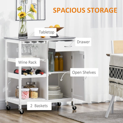 Kitchen Storage Trolley, on Wheels with Wine Rack, Drawer, Open Shelf and Storage Cabinet for Dining Room, White