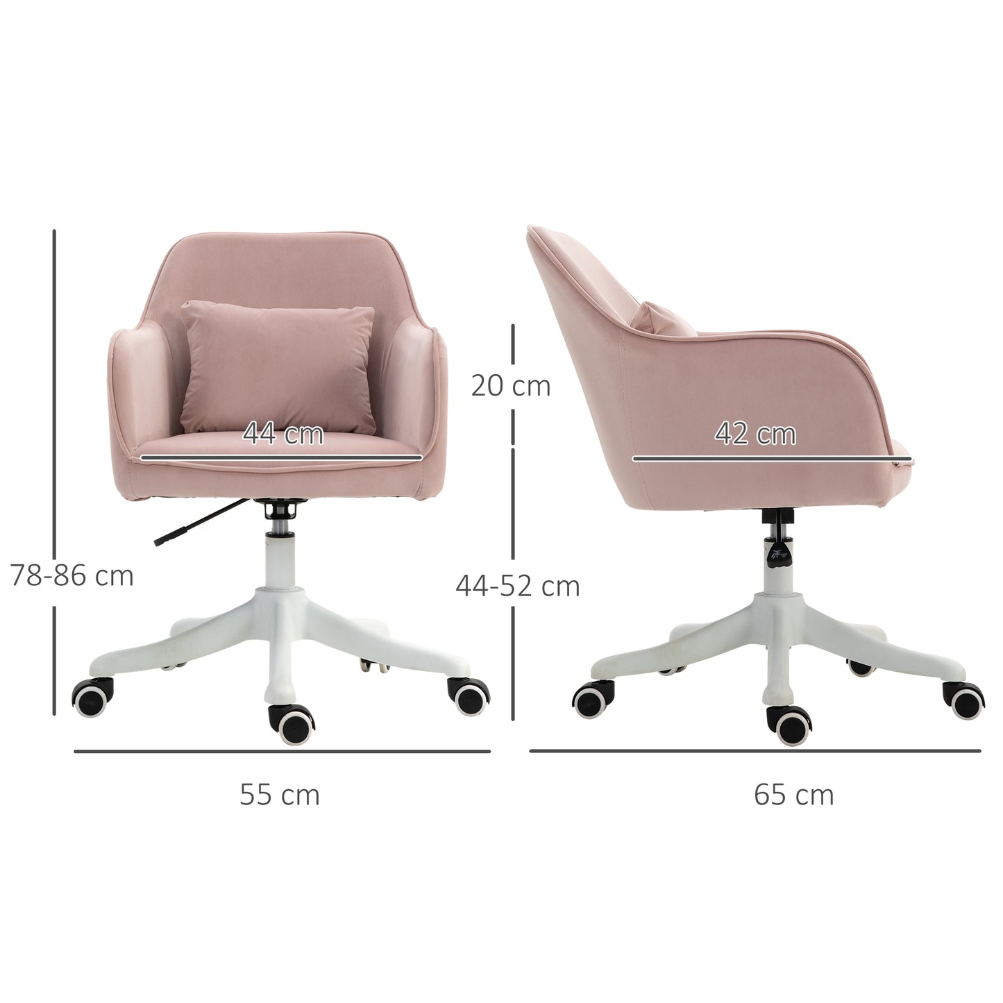 Velvet-Feel Tub Office Chair W/ Massage Pillow Wheels Adjustable Height Ergonomic Padding Luxe Home Style Seat Pink