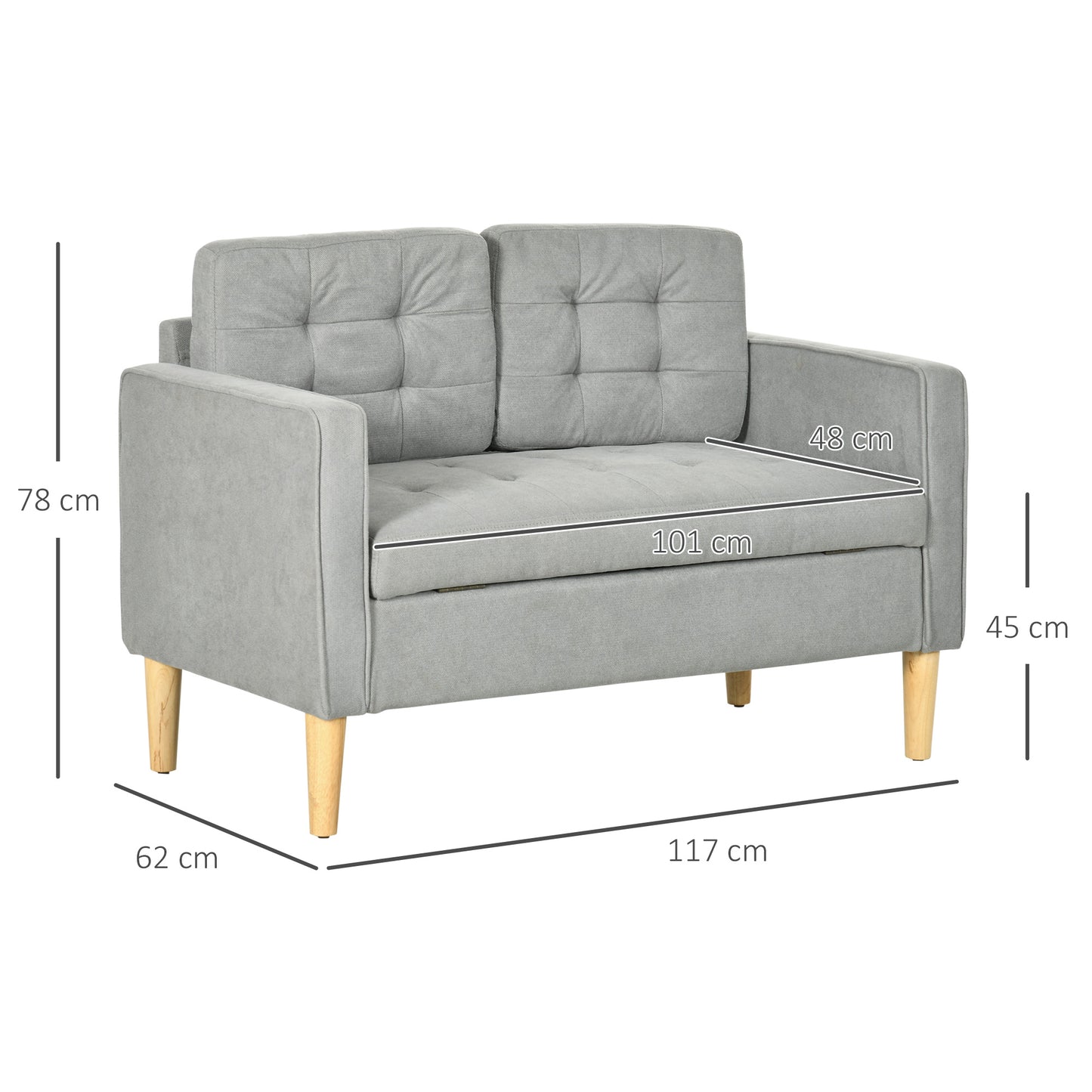 2 Seater Storage Sofa Modern Loveseat w/ Wood Legs Back Buttons Comfortable Padding Home Office, Light Grey