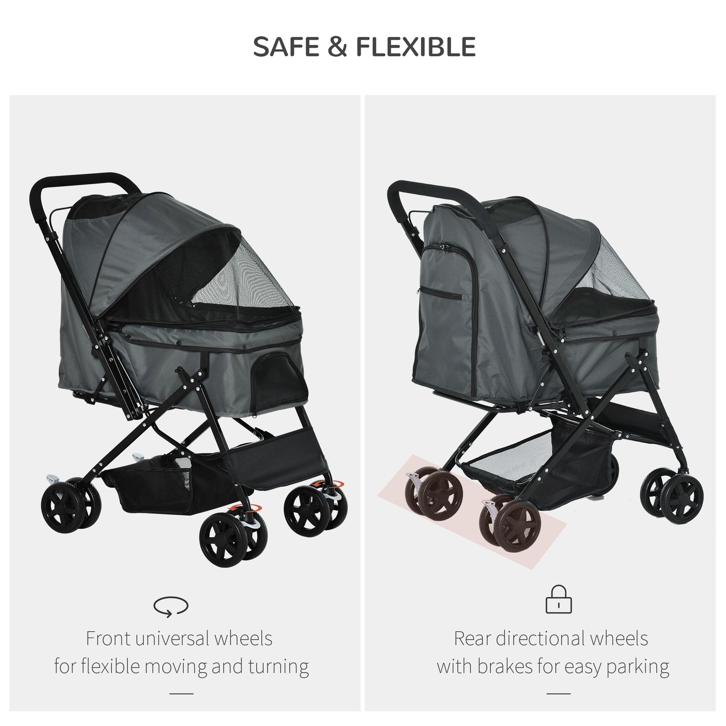 Cat Stroller Pram Pushchair, Foldable w/ Reversible Handle EVA Wheel Brake Basket Adjustable Canopy Safety Leash Grey