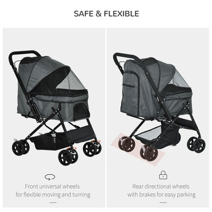 Cat Stroller Pram Pushchair, Foldable w/ Reversible Handle EVA Wheel Brake Basket Adjustable Canopy Safety Leash Grey