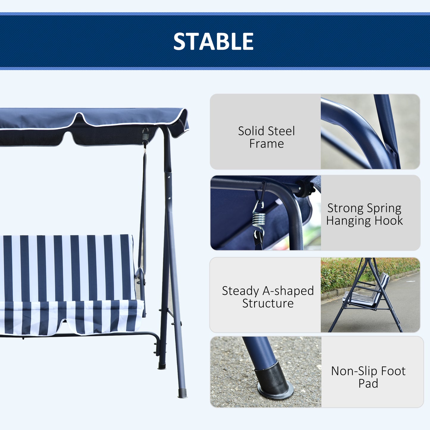 3 Seater Canopy Swing Chair Heavy Duty Outdoor Garden Bench with Sun Cover Metal Frame - Blue & White 3-Seater