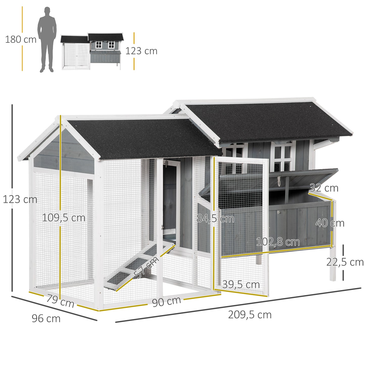 Chicken Hutch, w/ 2 Standing Perches, Run, Nesting Box, Ramp, Removable Tray