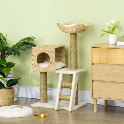 Cat Tower with Cat House Scratching Post Cat Ladder for Kitten Washable Cushion Activity Center Natural