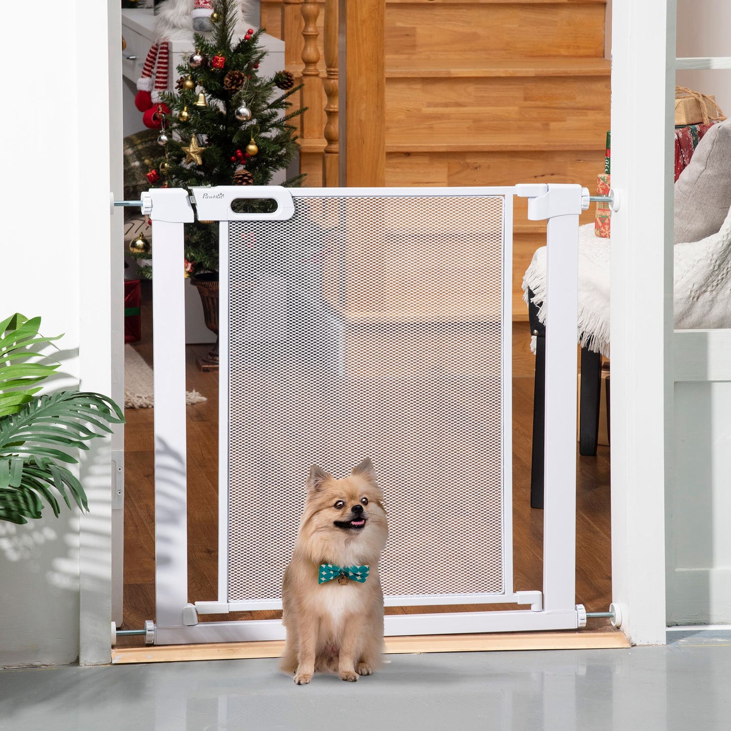 PawHut Dog Barrier for House, Safety Gate for Doors and Stairs, Dog Gate with Auto Close, Double Locking Openings 75-82 cm White 