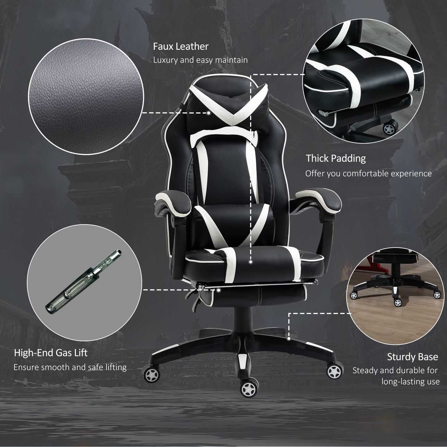 Gaming Chair with Footrest 135° Reclining High Back Racing Chair PU Leather Executive Swivel Chair with Headrest, Black White