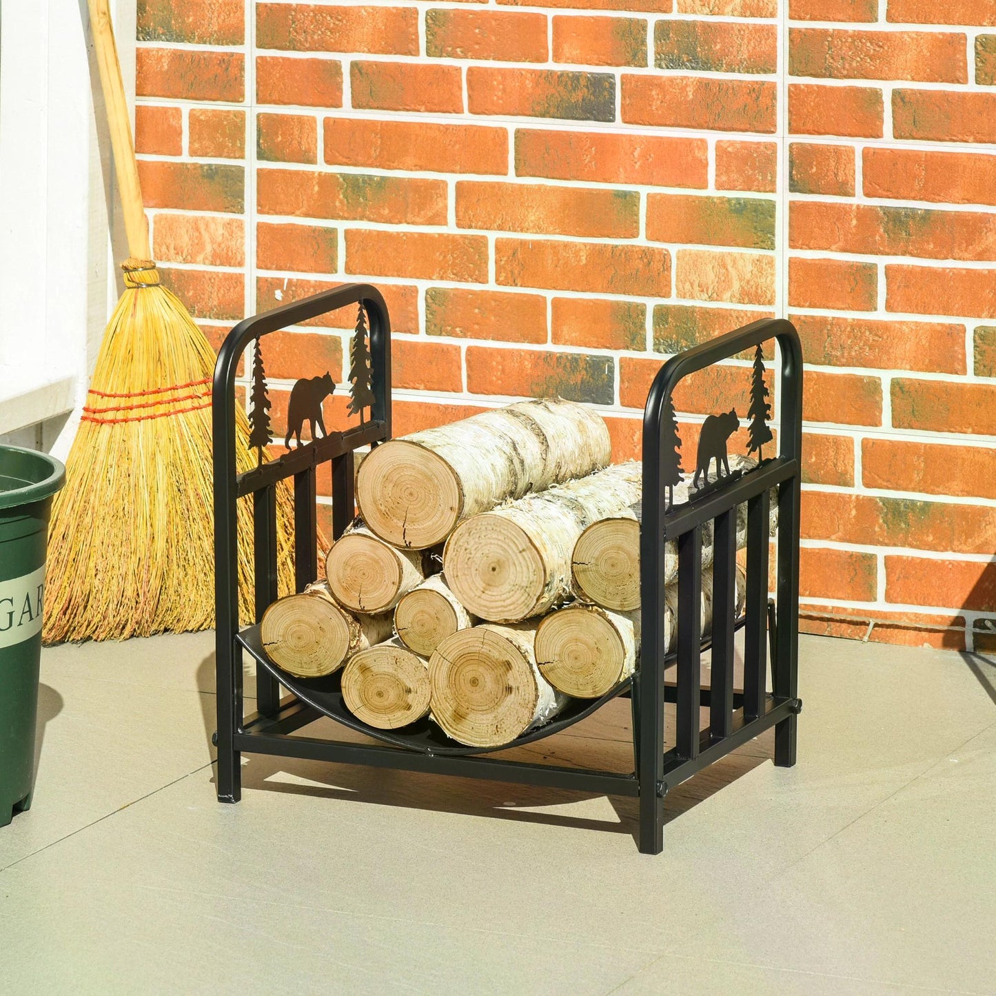 Firewood Log Rack Curved Fireplace Log Holder Wood Storage Rack with Handles, Bear Shape Design Outdoor and Indoor Use Black