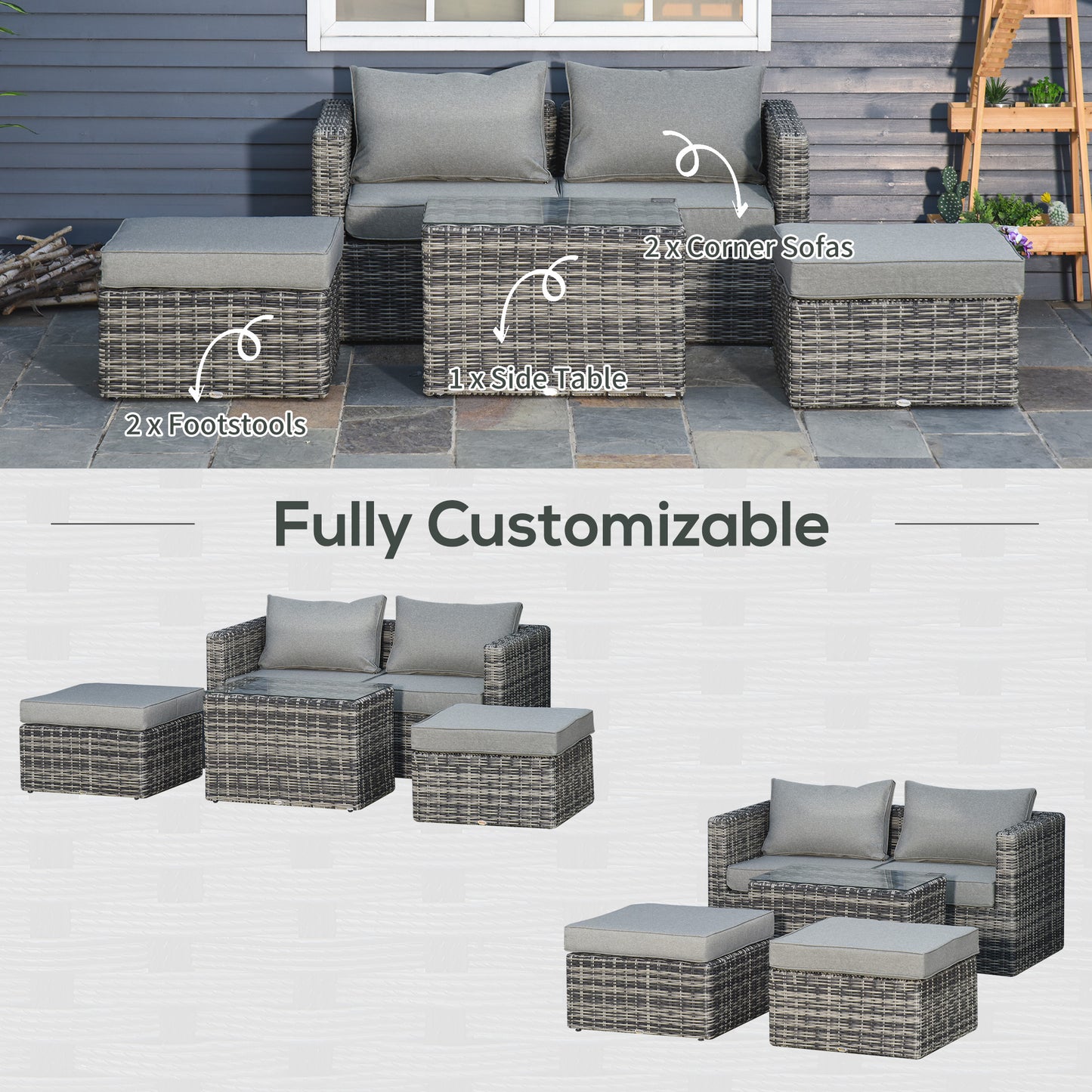 5 Pcs Rattan Garden Furniture Set w/Tall Glass-Top Table Aluminium Frame Plastic Wicker Thick Soft Cushions Comfortable Outdoor - Mixed Grey