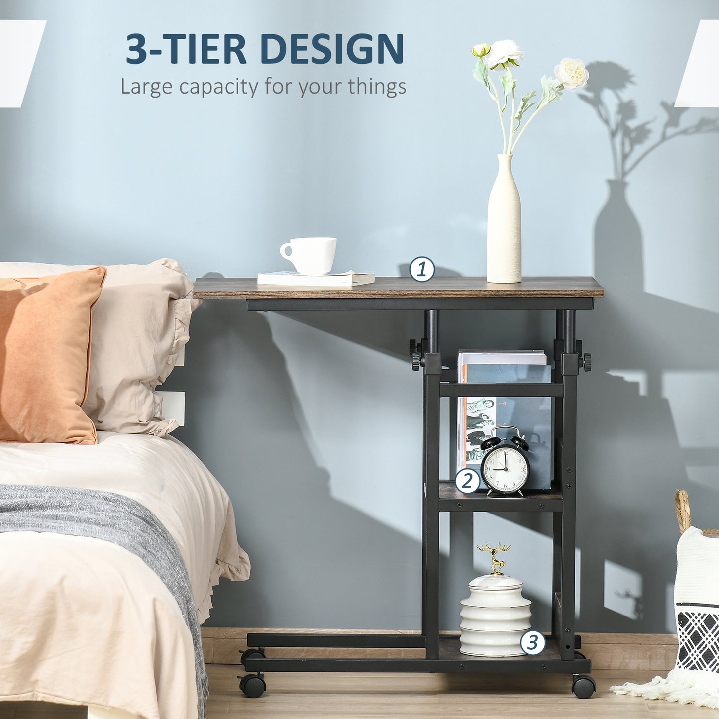 Industrial C-Shaped Side Table, Mobile Rolling Sofa Side Table with 3-Tier Storage Shelving, Adjustable Height, Wheels