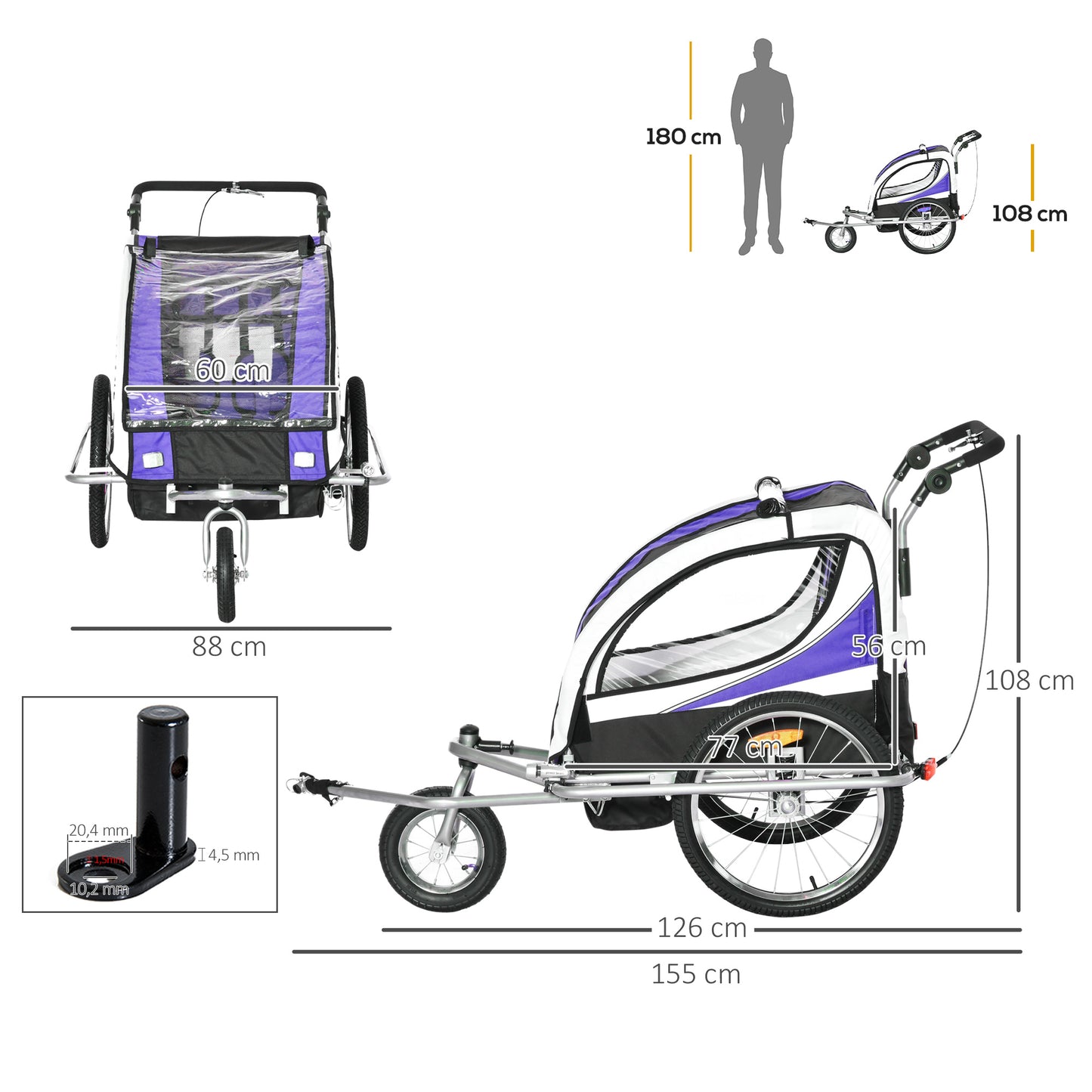 Steel Frame Children's 2-Seater Jogger Trailer Purple