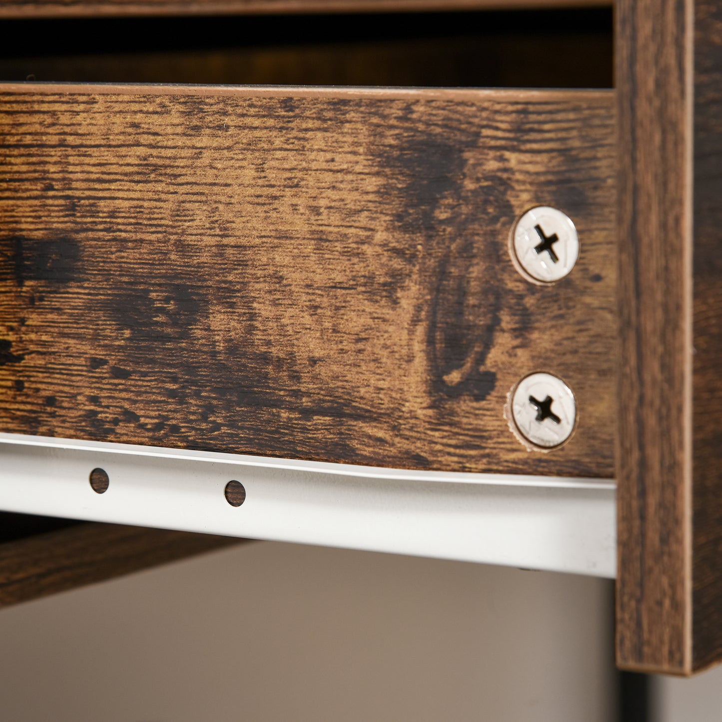 Industrial Style Entryway Console Table Desk with Drawers, Toughened Glass Shelf, 3D Wood Grain