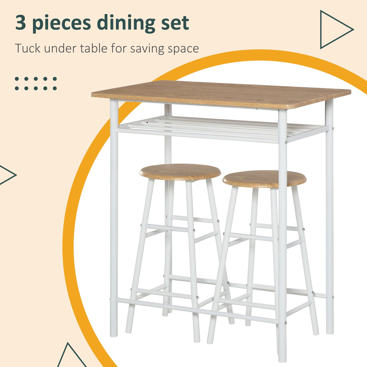 Bar Height Dining Furniture Set with 1 Table and 2 Matching Chairs with Metal Frame Footrest and Storage Shlef White and Oak