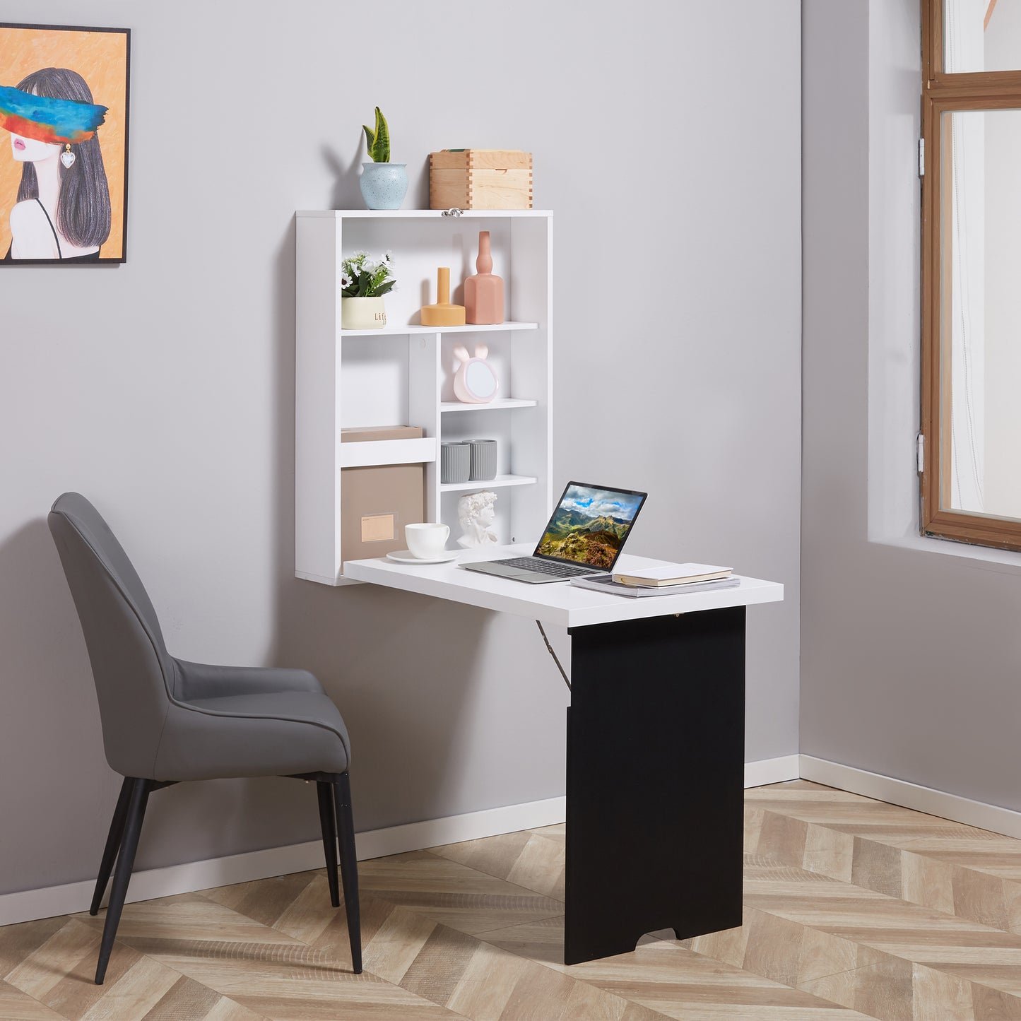 HOMCOM MDF Folding Wall-Mounted Drop-Leaf Table with Chalkboard Shelf Bookcase White  