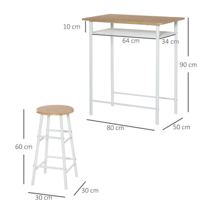 Bar Height Dining Furniture Set with 1 Table and 2 Matching Chairs with Metal Frame Footrest and Storage Shlef White and Oak