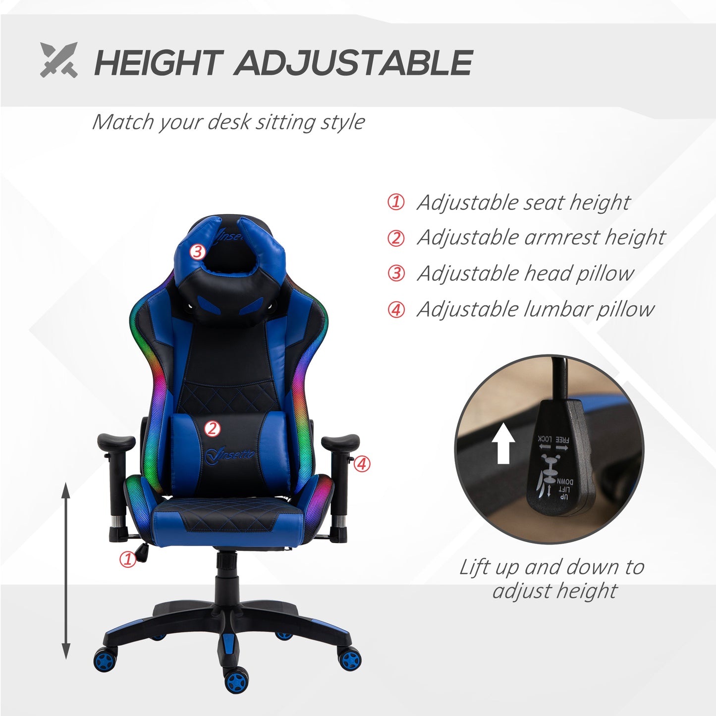 Ergonomic Gaming Chair with RGB LED Light, Lumbar Support, Gamer Recliner, Blue