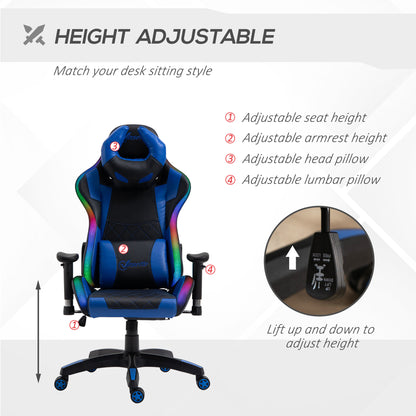 Ergonomic Gaming Chair with RGB LED Light, Lumbar Support, Gamer Recliner, Blue