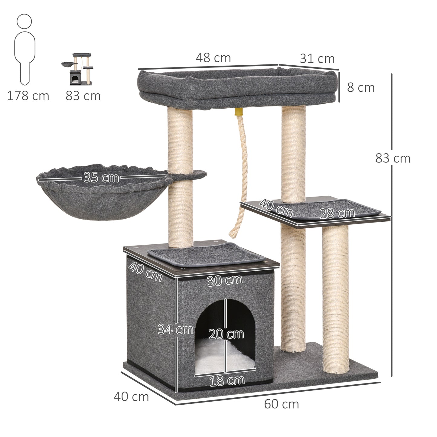 90cm Cat Tree Cat Tower Scratching Post Climbing Tree for Kitten Washable Cushion Activity Center Dark Grey