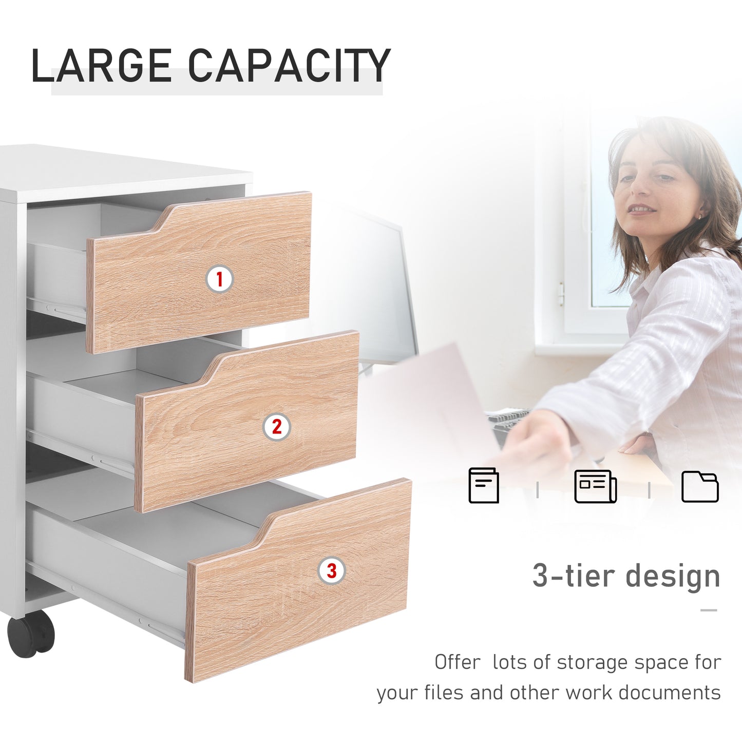 3 Drawer File Cabinet, Mobile, Lockable, MDF-Oak/White Colour