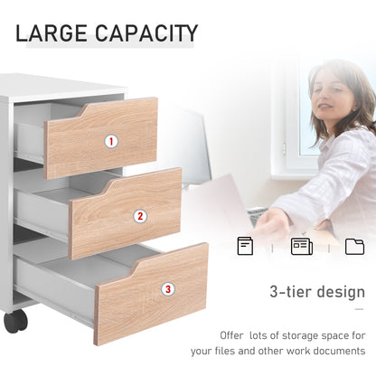 3 Drawer File Cabinet, Mobile, Lockable, MDF-Oak/White Colour