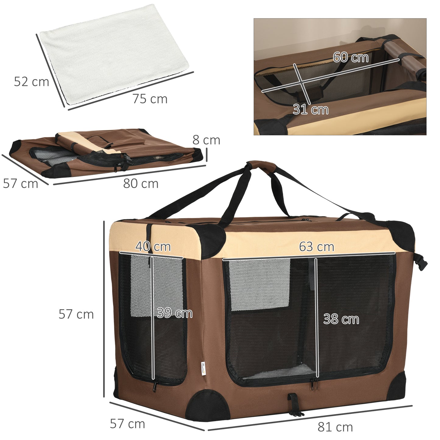 Cat Carrier, Dog Carrier, Dog Travel Crate, Folding Fabric Soft 81Lx57Wx57Hcm-Brown