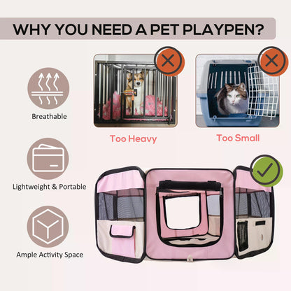 Fabric Pet Dog Playpen Portable 8 Panels Octagon Shape 37x37x95 cm-Pink/Cream