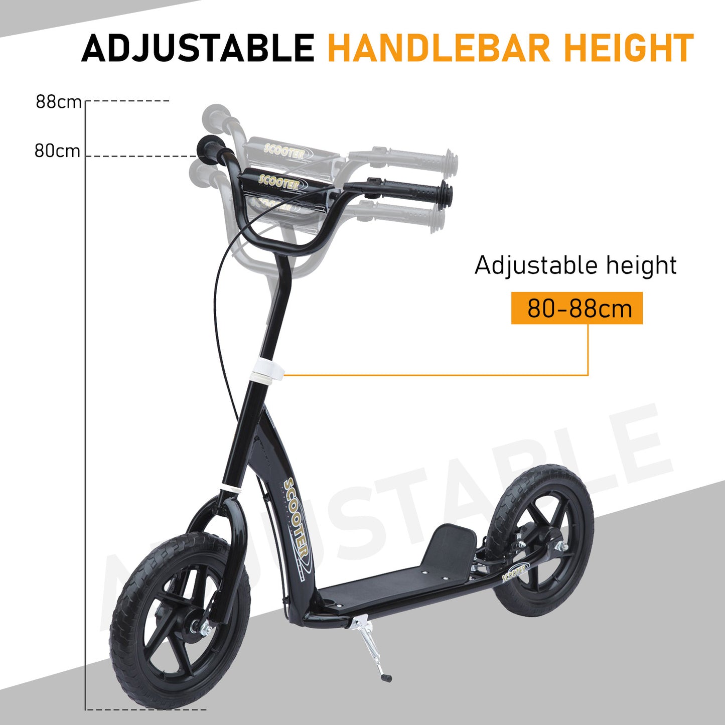 Bicycle Scooter, Kick Scooter for Kids, Big Wheel, Ride On Adjustable Height  Safety Braking 12" EVA Tyres, Black