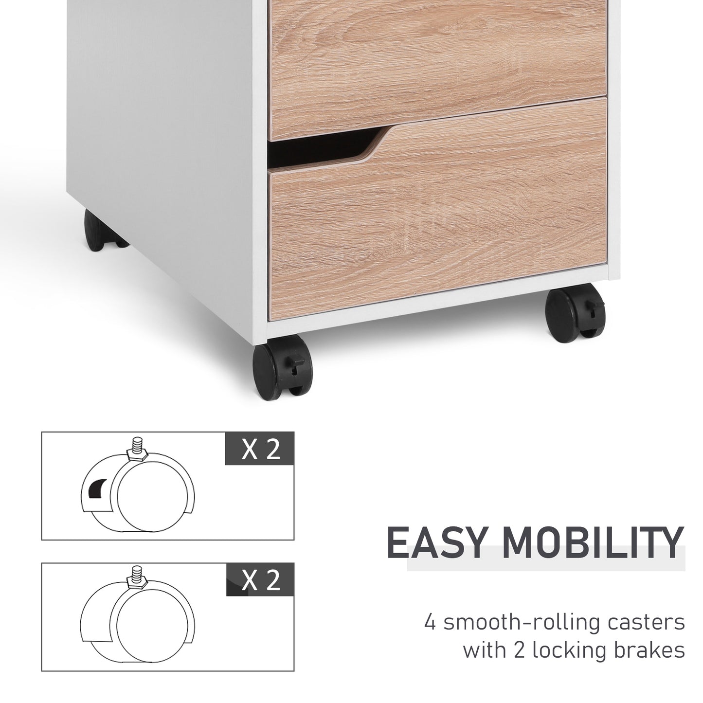 3 Drawer File Cabinet, Mobile, Lockable, MDF-Oak/White Colour