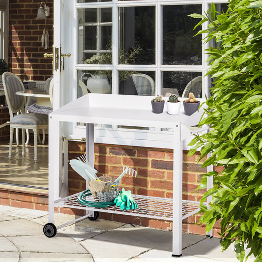 Outsunny Garden Outdoor Metal Potting Table Bench Planting Workstation Push Cart with Wheels Side Hanger - White w/ Mesh Shelf Rod 