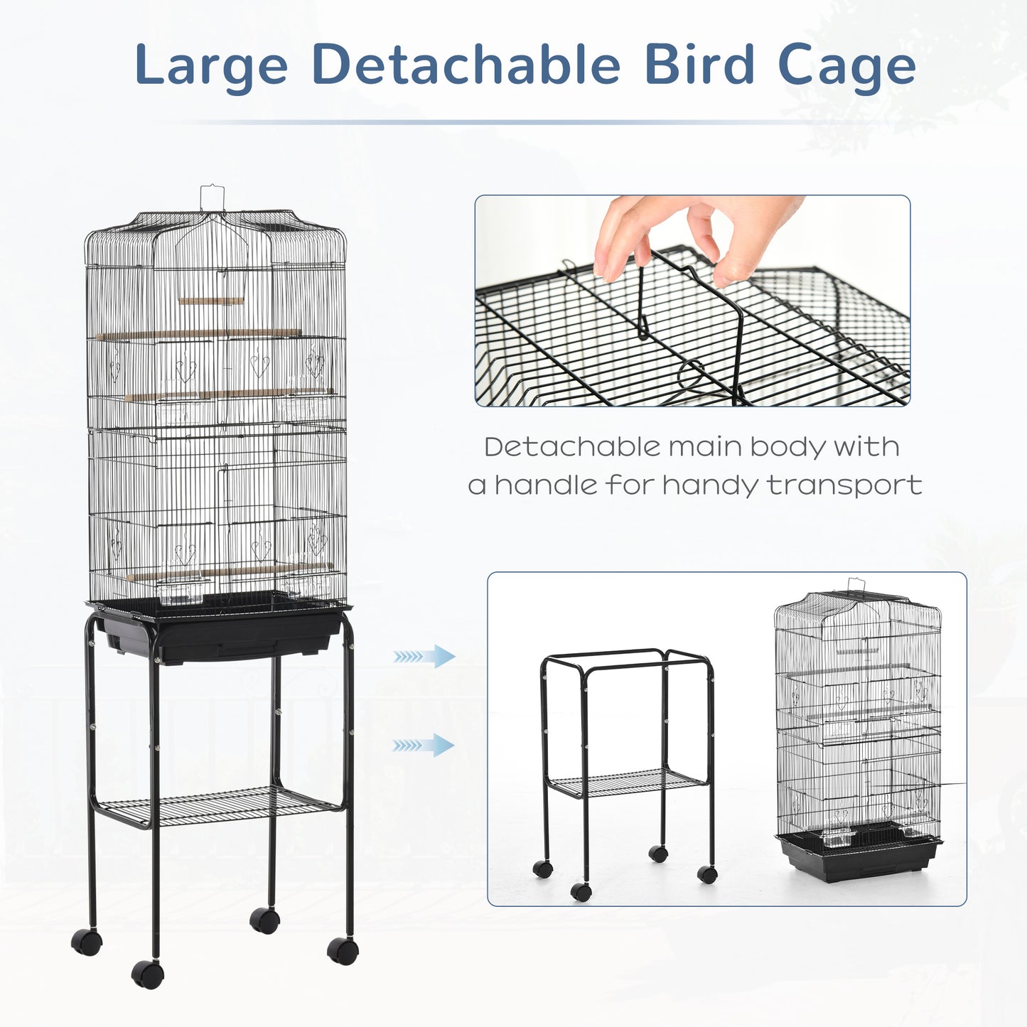 Bird Cage Budgie Cages for Finch Canary Parakeet w/ Stand Wheels Slide-out Tray Storage Shelf Black 36 x 46.5 x 157 cm