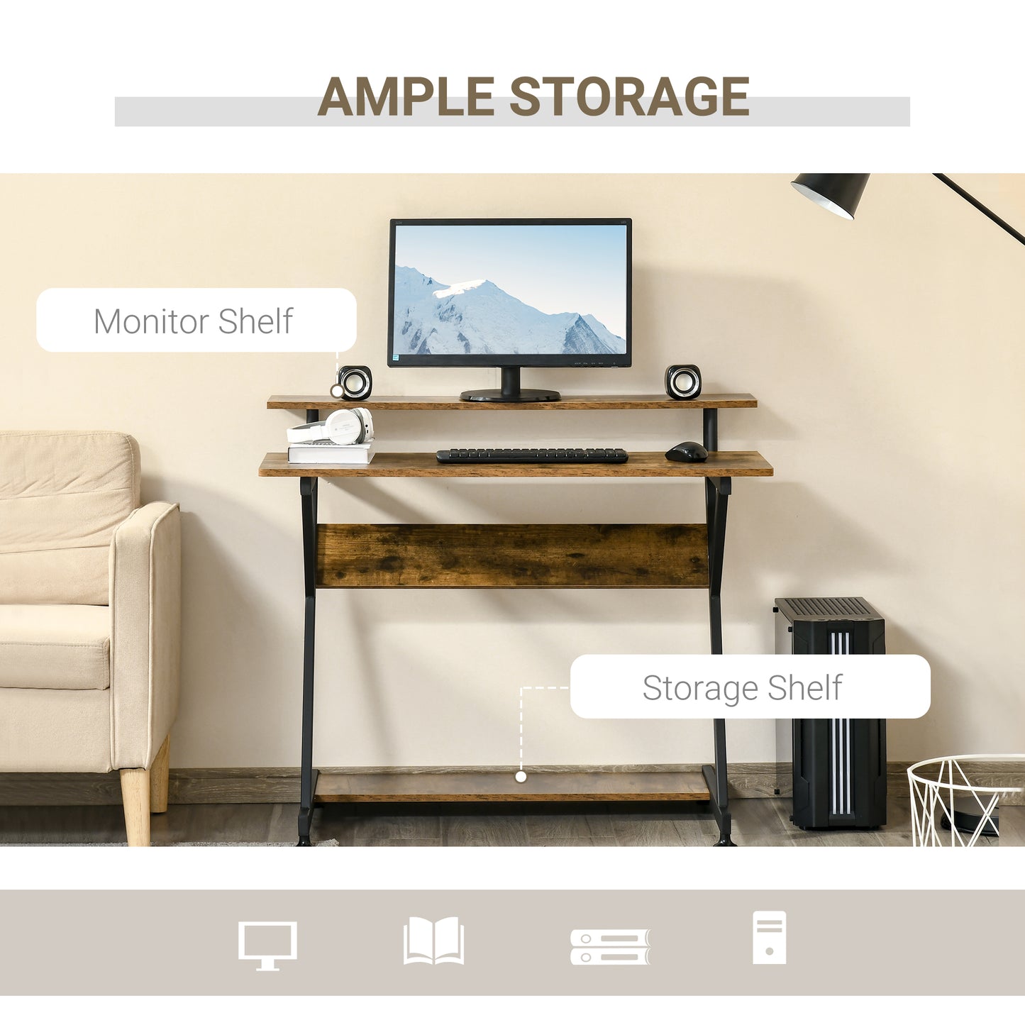 Compact Computer Table, Z Shape Desk with Monitor Shelf and Storage for Home Office, 100cm, Brown