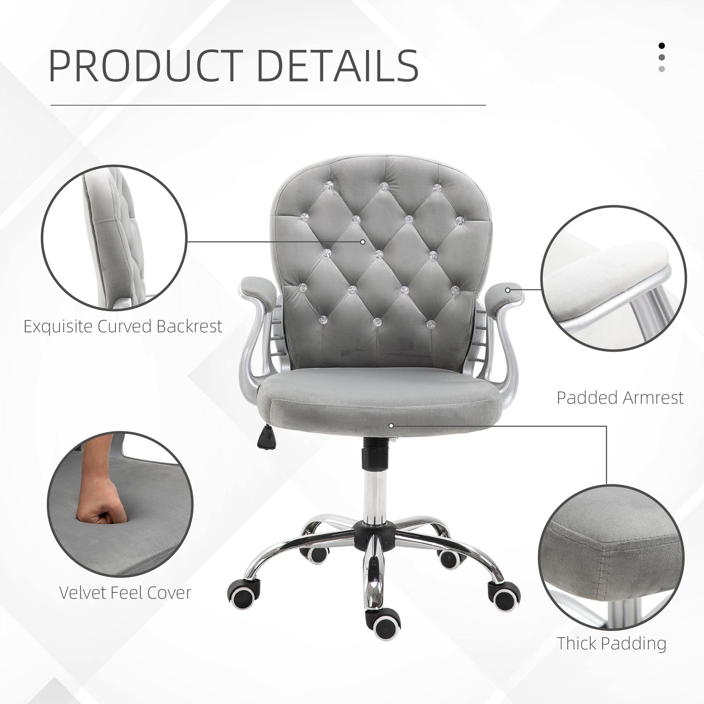 Velour Office Chair Diamante Tufted Padded Ergonomic 360° Swivel Desk Chair 5 Castor Wheels Home Work