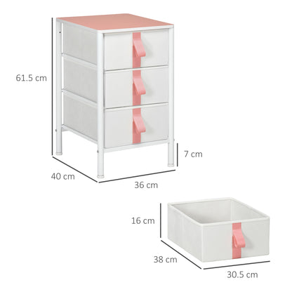 3 Drawer Chest of Drawers, Fabric, Metal Frame and Wooden Top, Storage Cabinet for Kids Room, Living Room, Pink