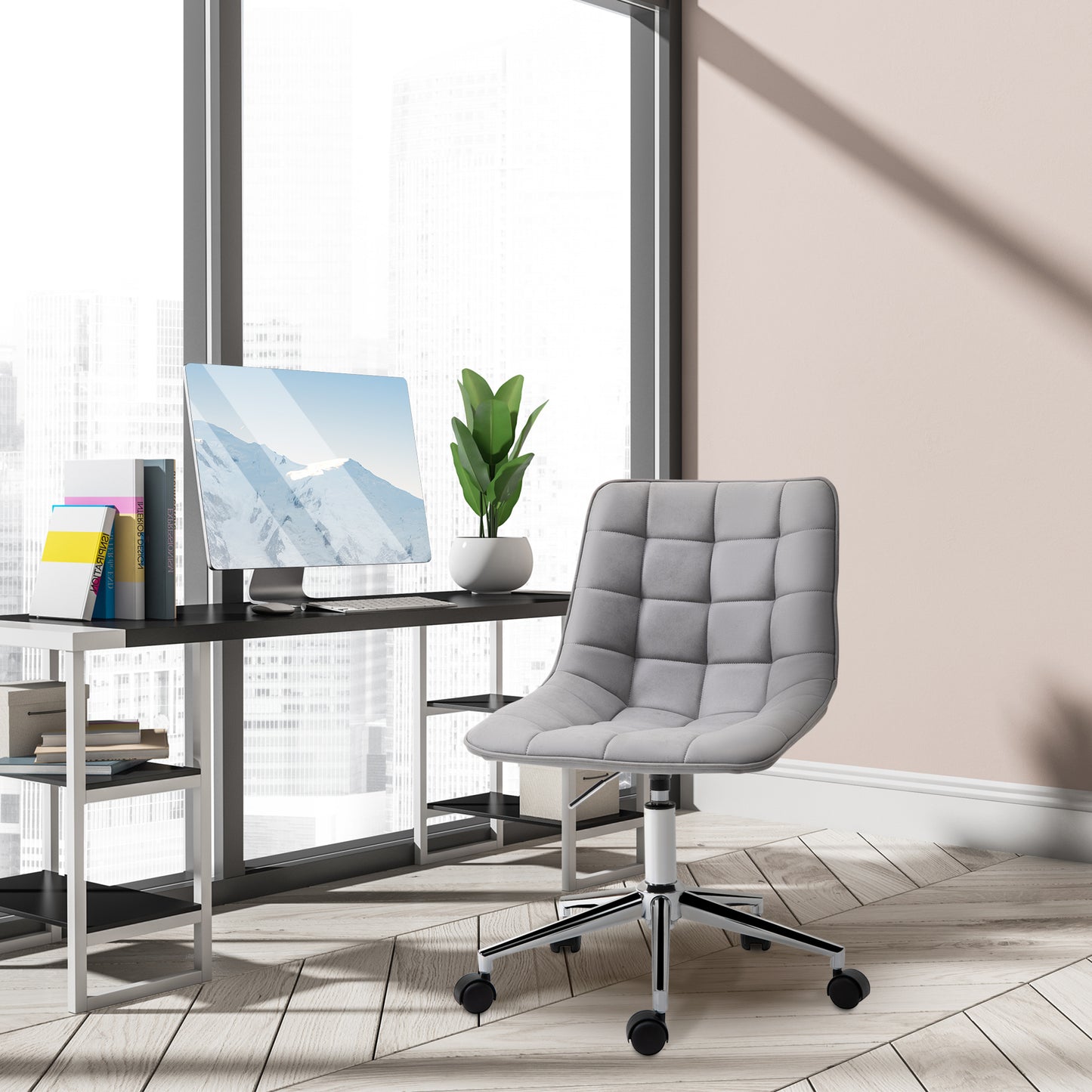 Vinsetto Armless Office Task Chair, with Adjustable Height Soft Breathable Fabric 360° Casters, Grey 