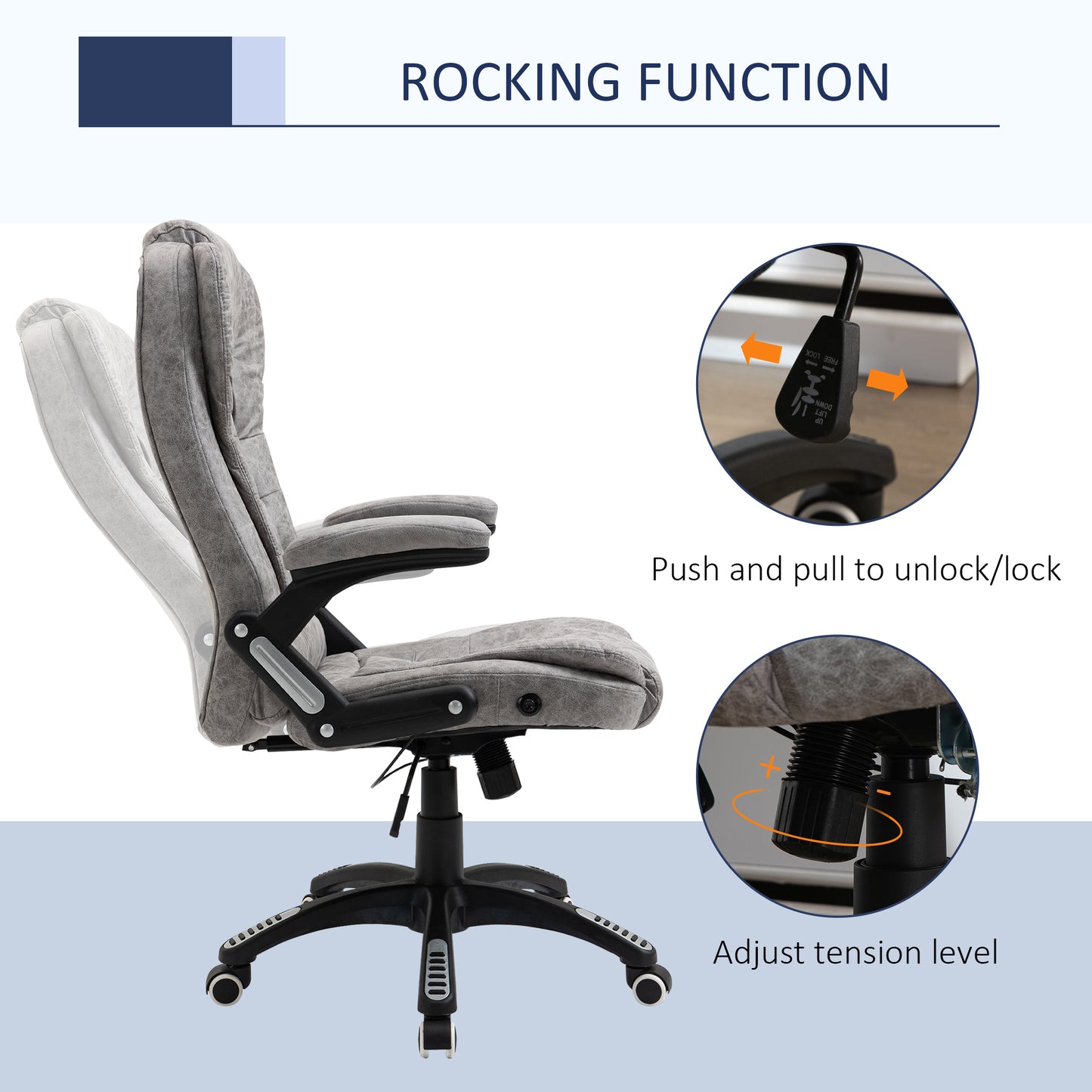 High Back Office Desk Chair, 135° Reclining, with Adjustable Height, Grey