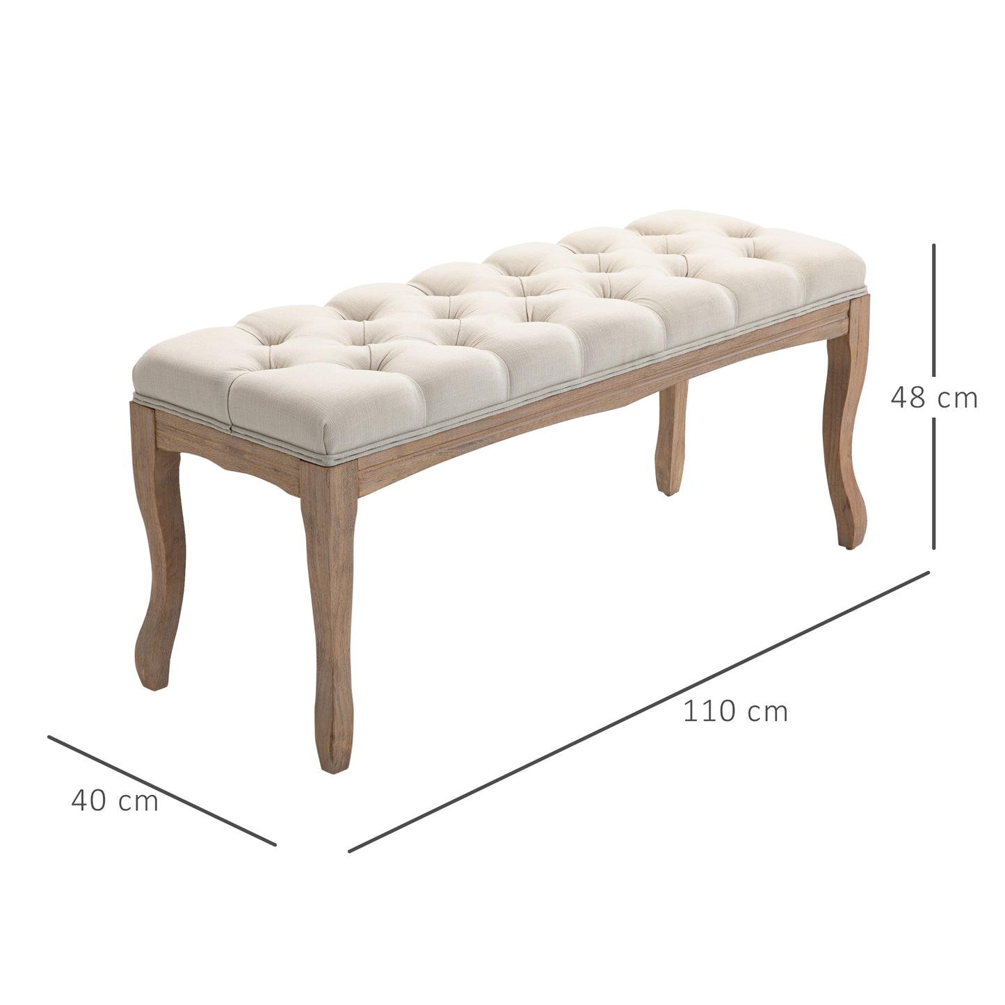 43" Upholstered Entryway Bench, Linen Fabric Ottoman Stool with Button Tufted Seat, and Rubber Wood Legs for Living Room Beige