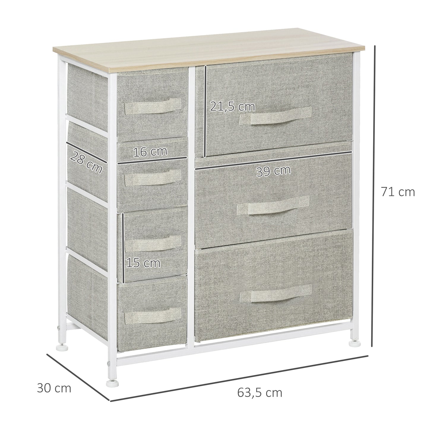 7 Drawer Chest, Fabric Drawers, w/Metal Frame Adjustable Feet White Oak &Light Grey