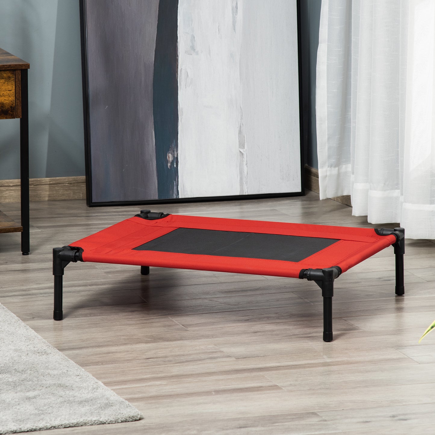 Elevated Pet Bed Portable Camping Raised Dog Bed w/ Metal Frame Black and Red (Medium)