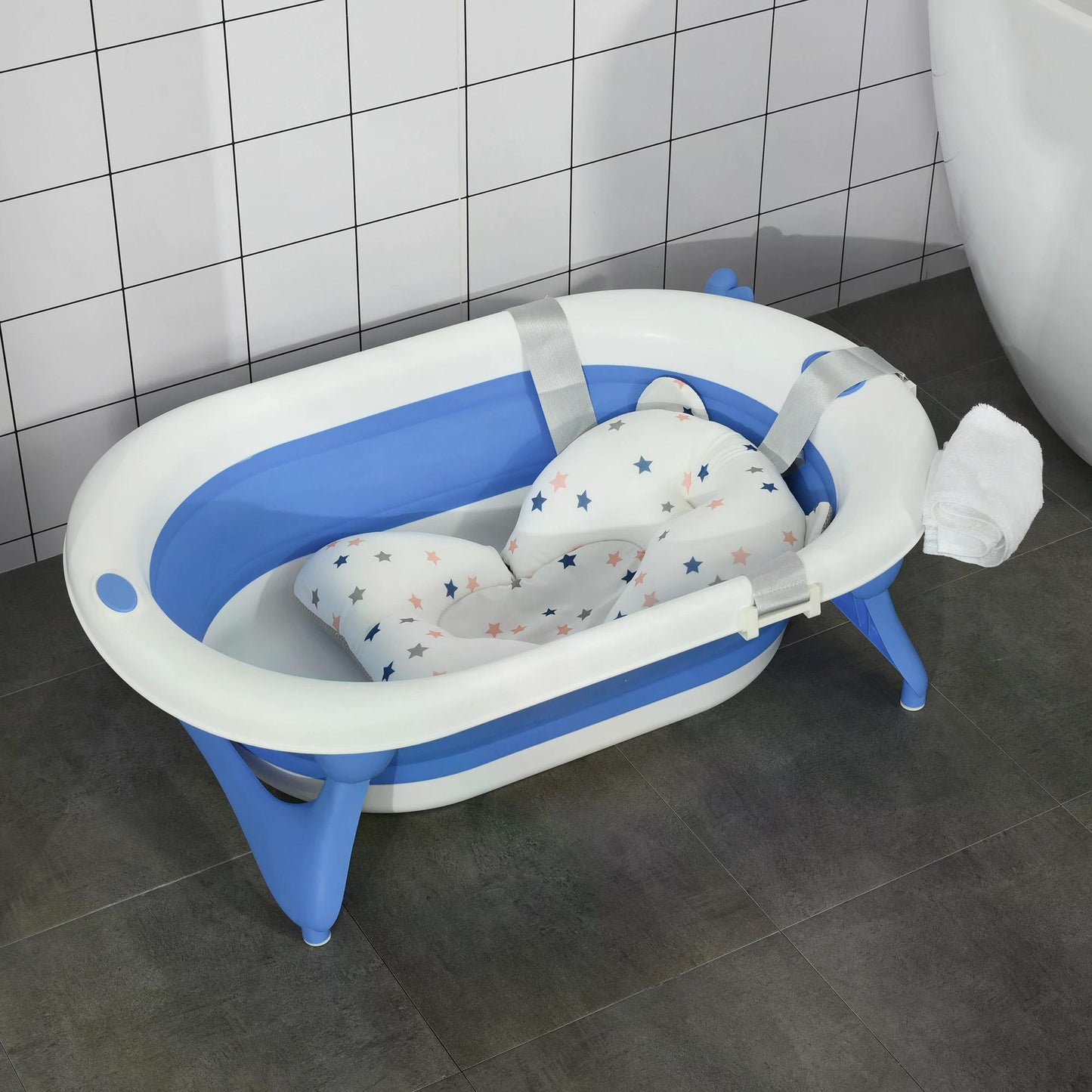 HOMCOM Collapsible Baby Bath Tub Foldable Ergonomic w/ Cushion Temperature Sensitive Water Plug Non-Slip Support Leg Portable Blue 