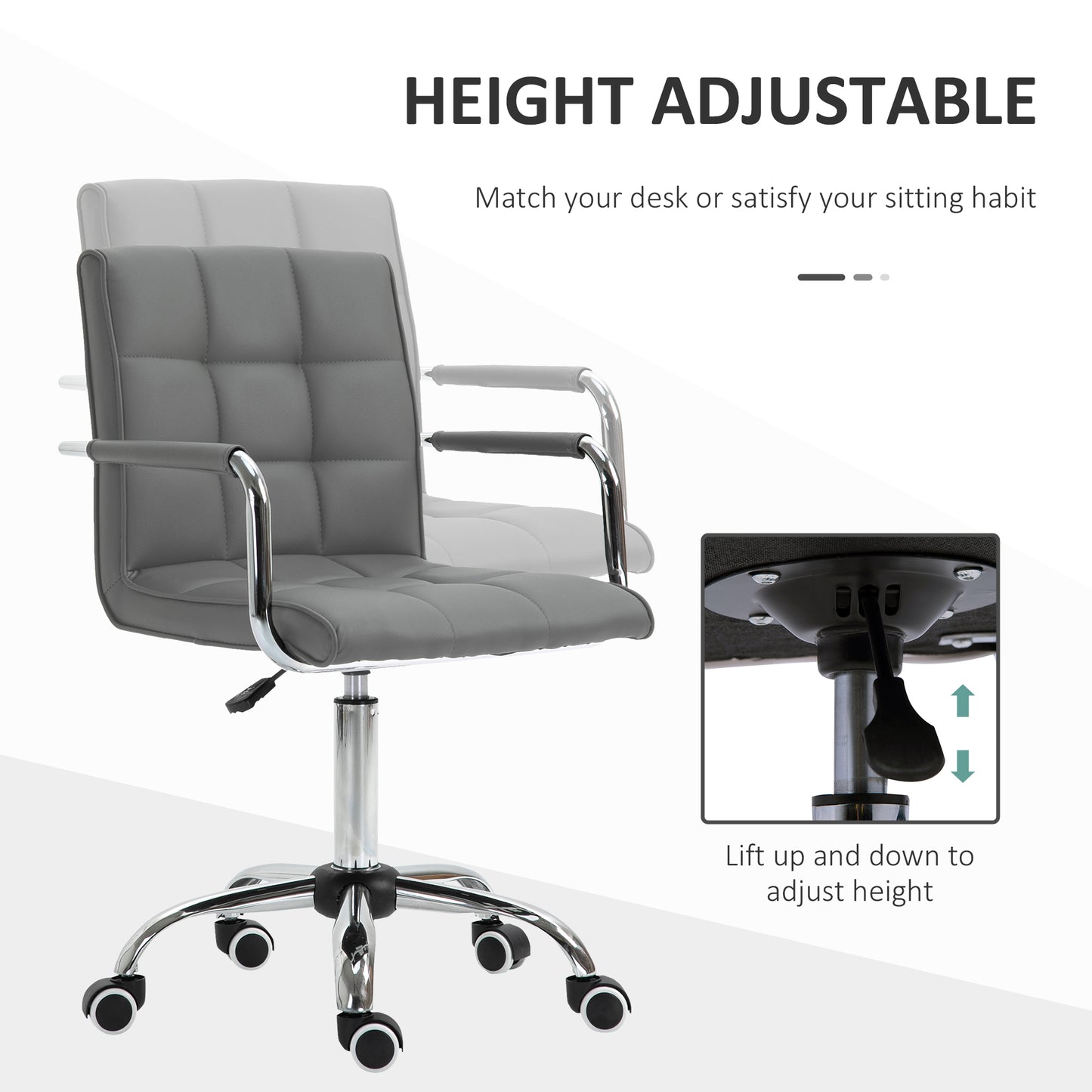 Mid Back Swivel Office Chair Computer Chair with Arm, Wheels, Adjustable Height, Grey