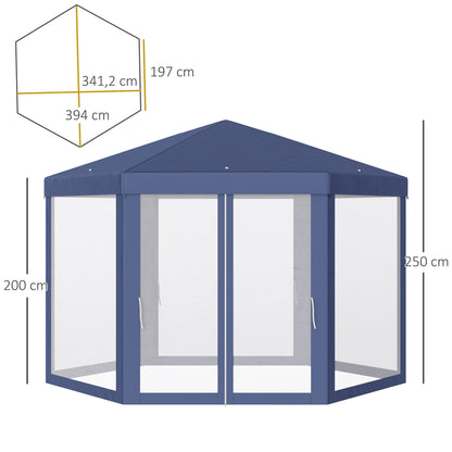 13ft x 13ft Outdoor Party Tent Hexagon Sun Shelter Canopy with Protective Mesh Screen Walls & Proper Sun Protection, Blue