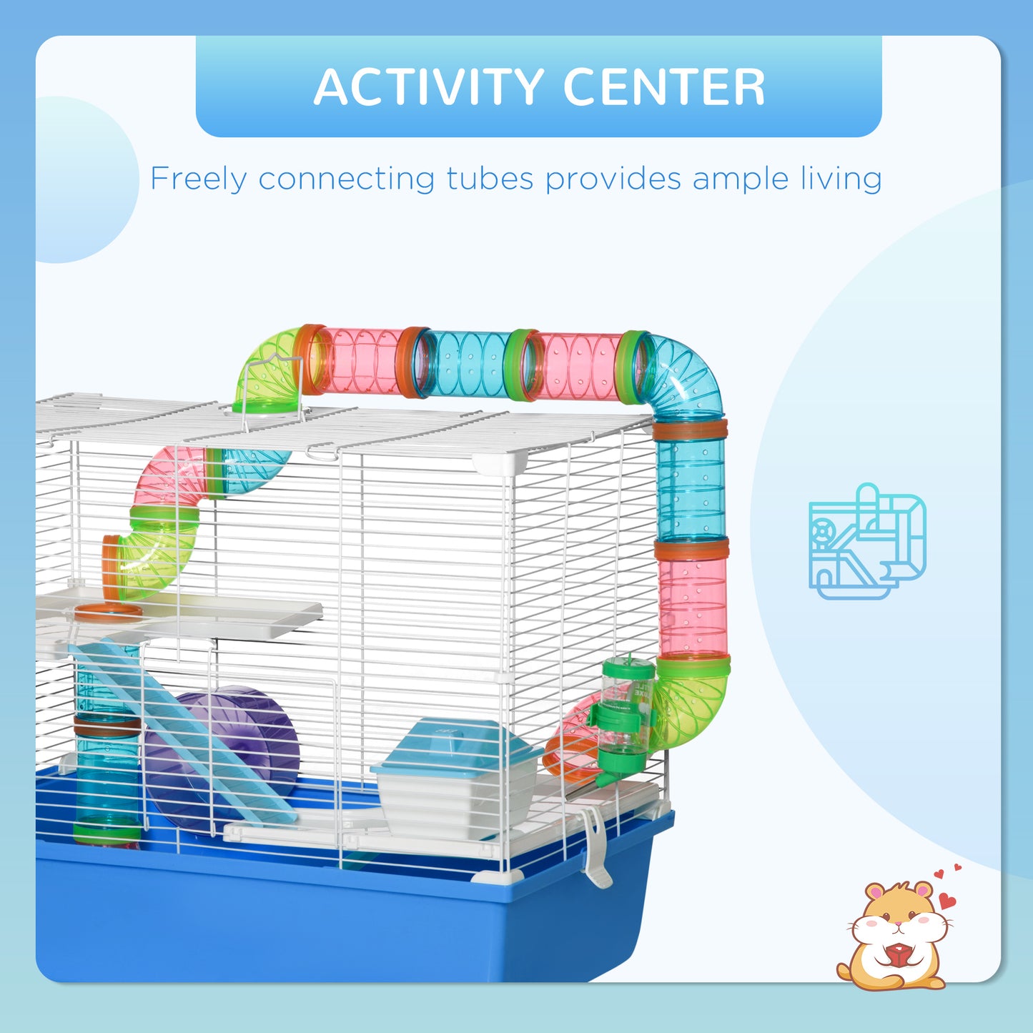 Plastic Hamster Cage, with Tubes Tunnel Three-Level Rodent House with Exercise Wheel, Water Bottle, 59 x 36 x 47 cm- Blue