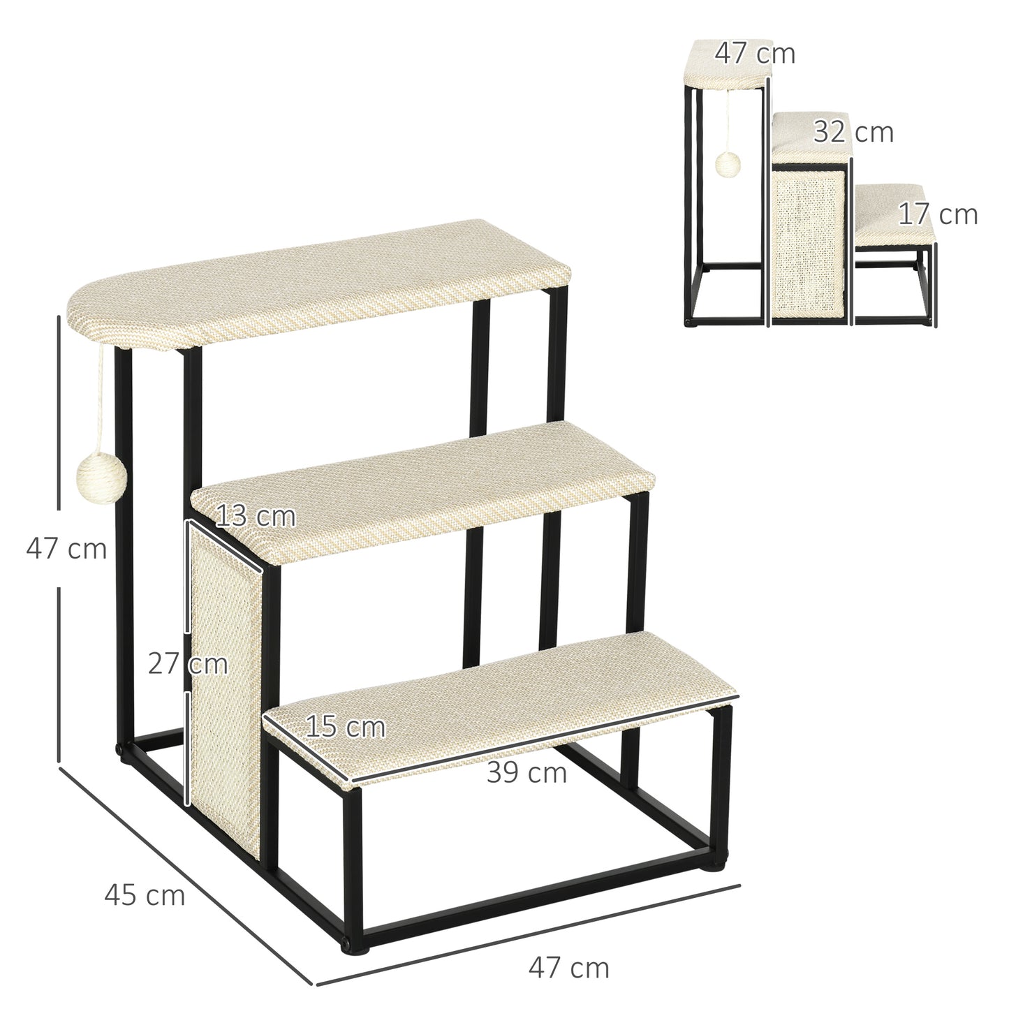 Puppy Steps for Bed, Three-Step Pet Stairs, w/Scratching Board, Toy Hanging Ball, Steel Frame