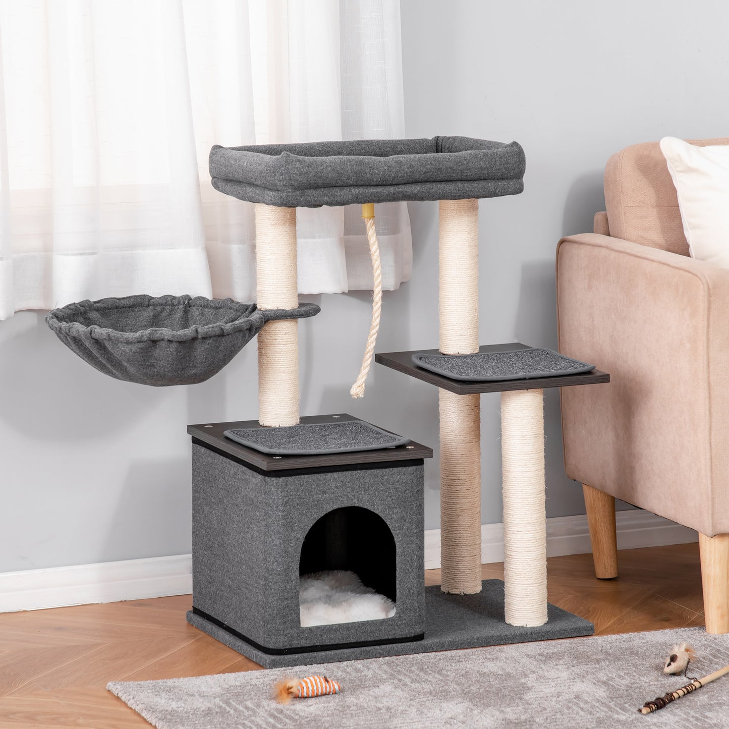 PawHut 90cm Cat Tree Cat Tower Scratching Post Climbing Tree for Kitten Washable Cushion Activity Center Dark Grey 