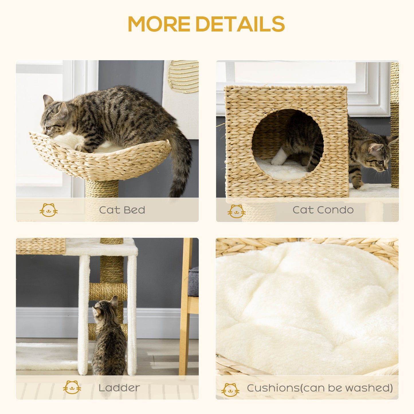 Cat Tower with Cat House Scratching Post Cat Ladder for Kitten Washable Cushion Activity Center Natural