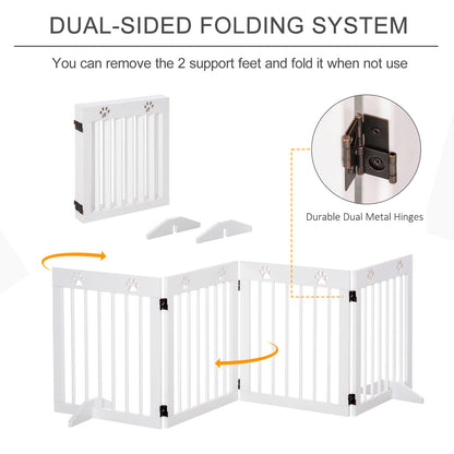 Freestanding Pet Gate 4 Panel Wooden Dog Barrier Folding Safety Fence with Support Feet up to 204cm