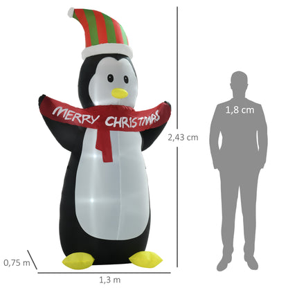 243cm Inflatable Penguin Holding Merry Christmas Banner Holiday Yard Decoration w/LED Lights Indoor Outdoor Lawn Blow Up Decor