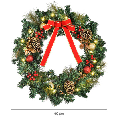 Christmas Door Wreath with Lights, Artificial Holly Garland Decor Pine Cones 20 LED Lights 60cm