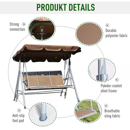 Metal Swing Chair Garden Hammock Bench 3 Seater Rock Shelter Brown